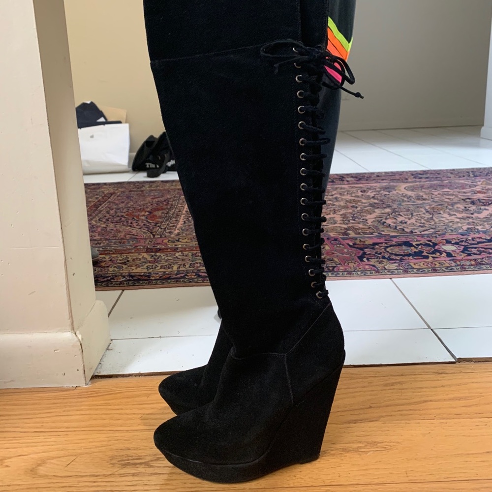 Aldo suede over knee lace back wedge boots